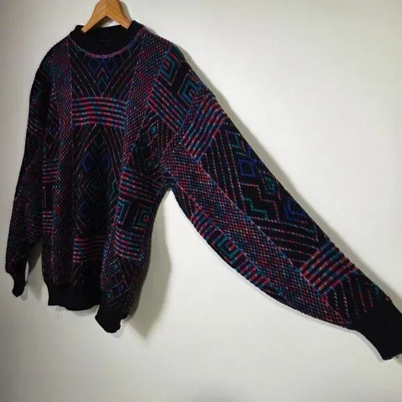 VINTAGE MULTICOLOR GEOMETRIC PATTERN CREW NECK PULLOVER SWEATER MEDIUM - Picture 7 of 13